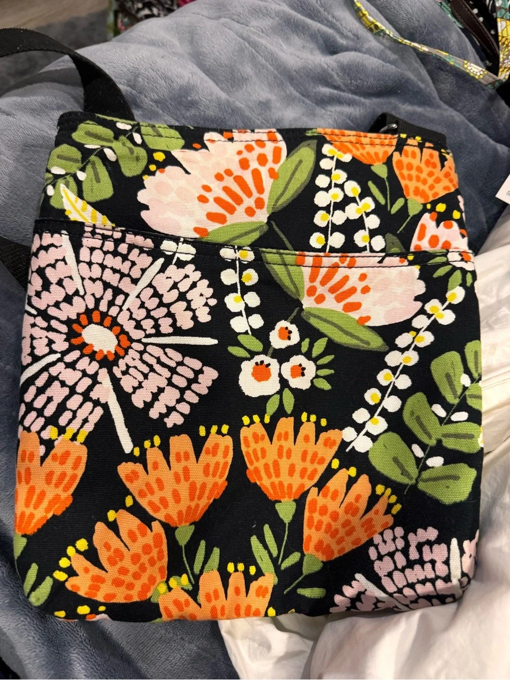 Vera Bradley Floral Quilted Crossbody Bag in Black and Orange; EUC
